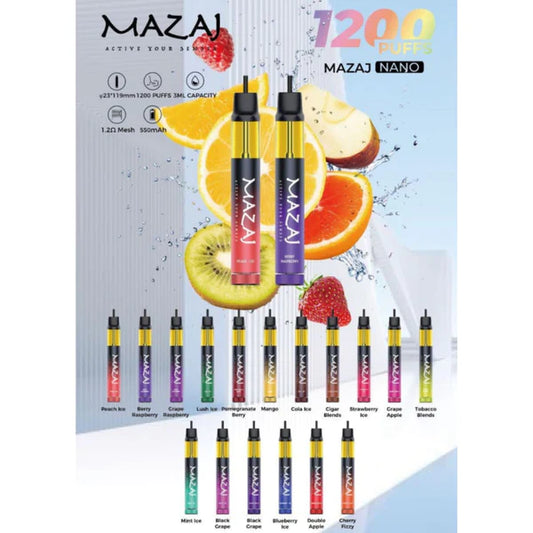 MAZAJ NANO سحبة سيجارة مزاج نانو 1200 شفطة 20 نيكوتين عدة نكهات استخدام مره واحده